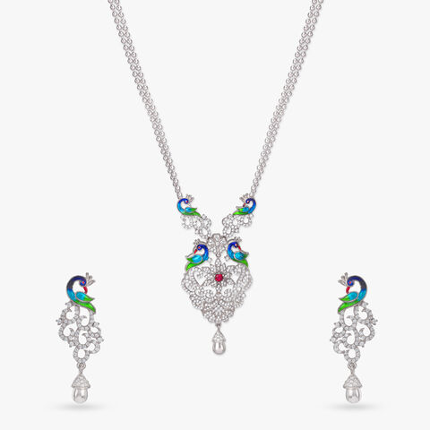 Peacock Parade Silver Pendant with Chain and Earrings Set