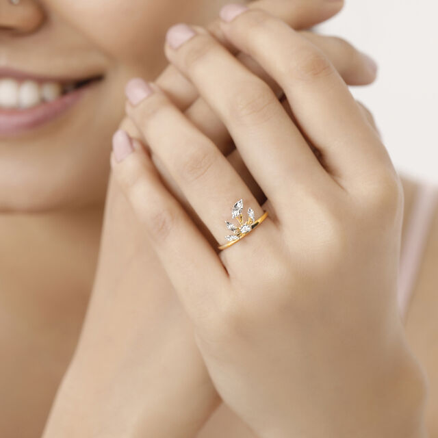 18 KT Yellow And White Detachable Petite Pave Leaf Diamond Ring,,hi-res image number null