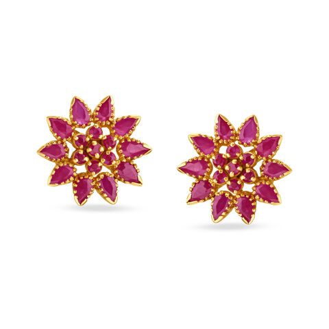 Exquisite Floral Ruby Gold Stud Earrings