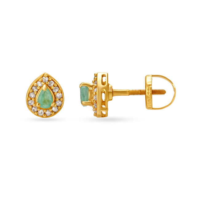Leaf Motif Emerald Studded Gold Drop Earrings,,hi-res image number null