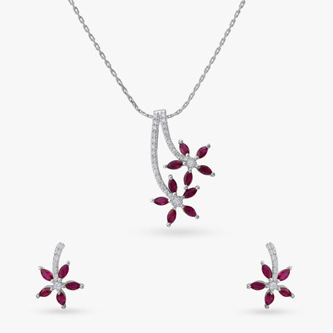 Cascading Crimson Silver Pendant and Earrings Set