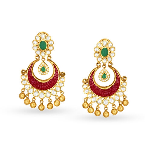 Enticing 22 Karat Gold Chandbali Style Kundan Drop Earrings
