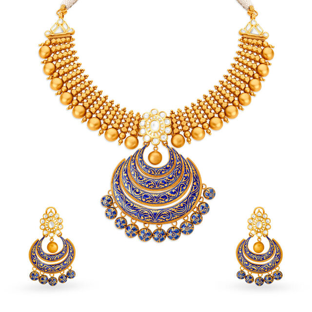 Resplendent Gold Crescent Necklace Set for the Contemporary Bride,,hi-res image number null