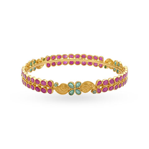 Graceful Emerald and Ruby Gold Bangle
