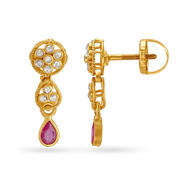 Floral Motif Ruby Gold Drop Earrings,,hi-res image number null