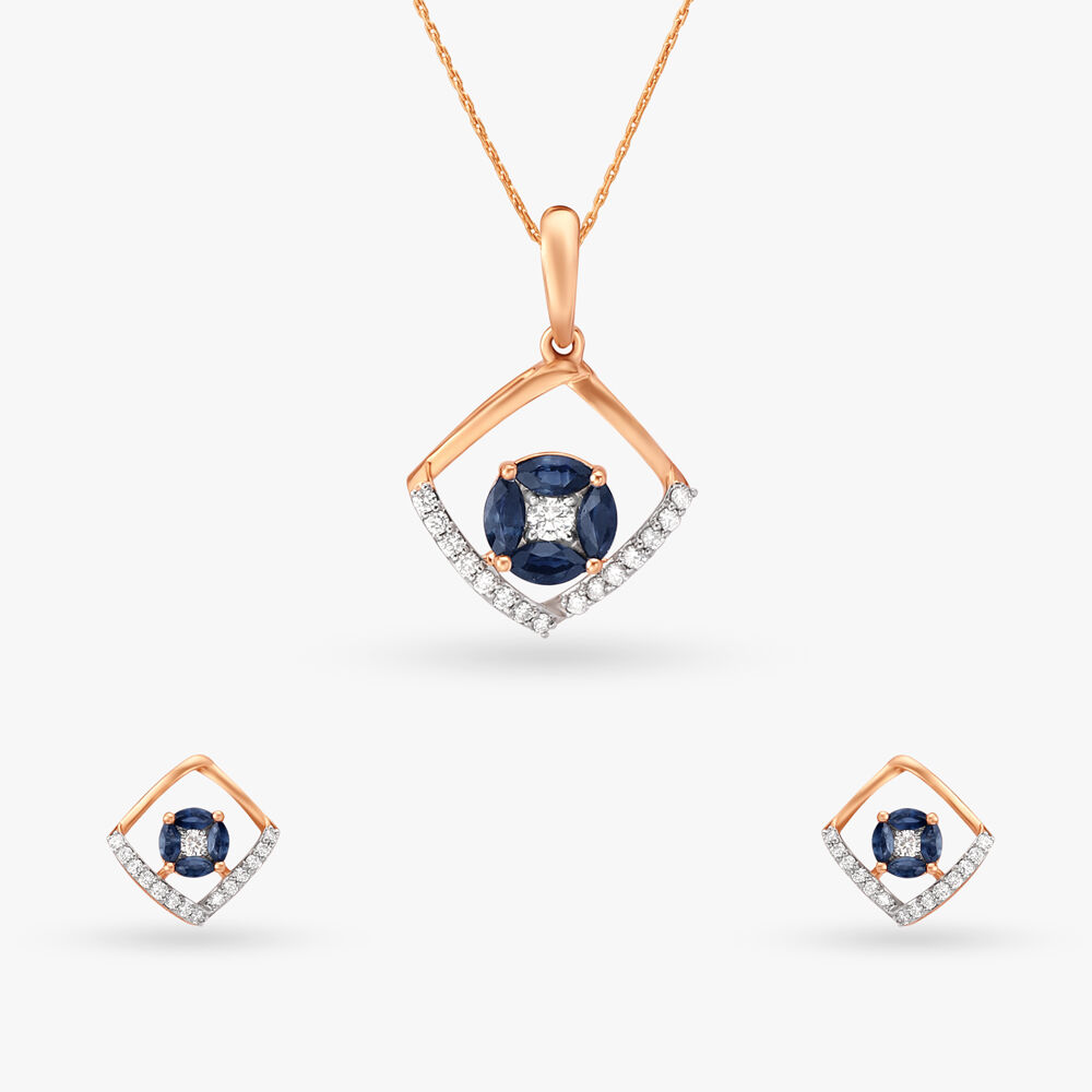 Striking Geometric Diamond and Sapphire Pendant and Earrings Set