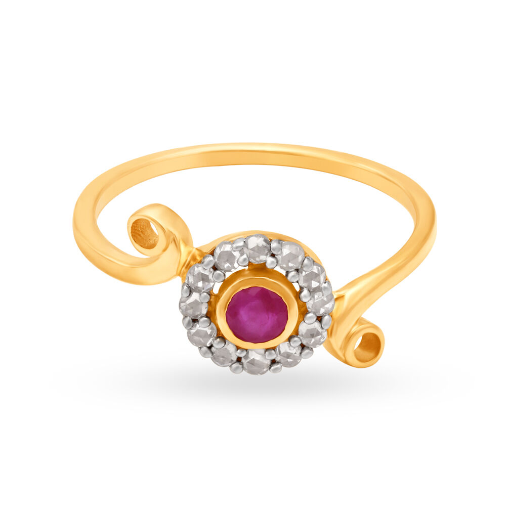 Luxurious 18 Karat Yellow Gold And Ruby Curlicue Finger Ring