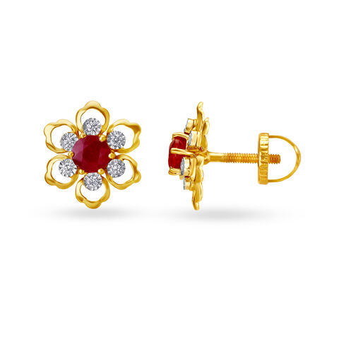 Alluring 18 Karat Yellow Gold And Diamond And Ruby Floral Studs