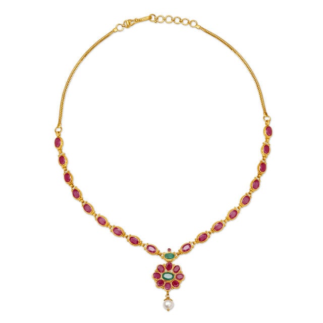Floral Motif Emerald Ruby And Pearl Gold Necklace