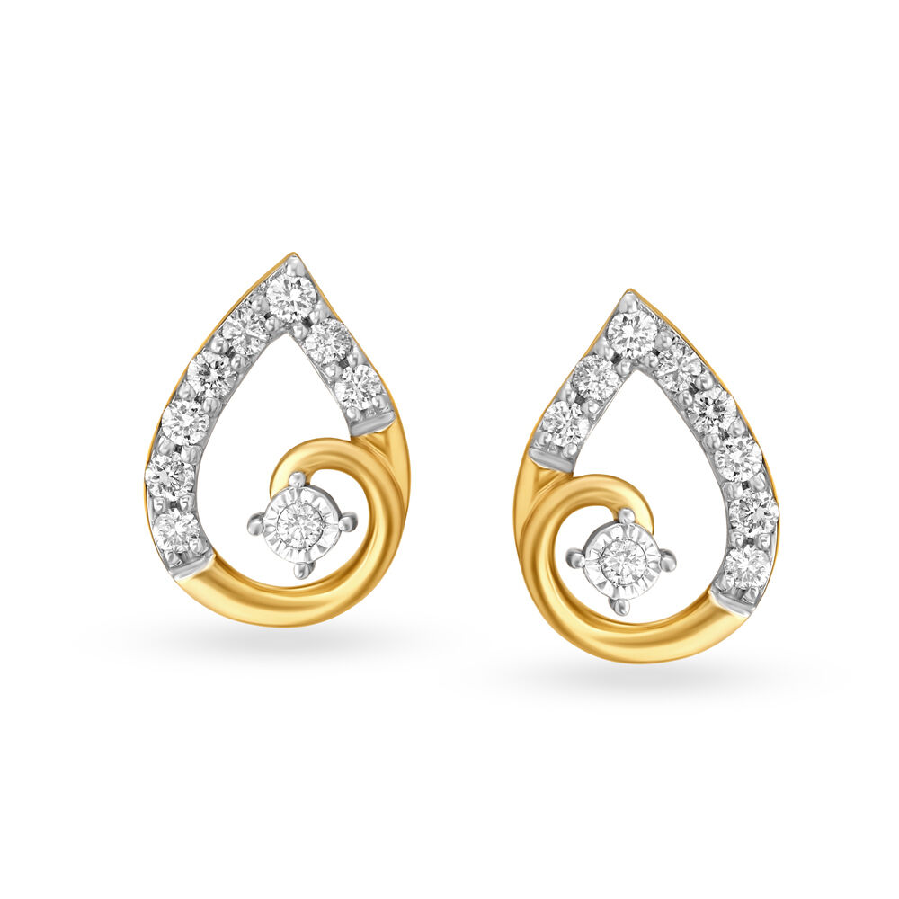 Contemporary Paisley Diamond Stud Earrings in White and Yellow