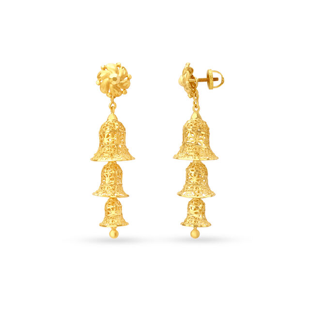 Sumptuous Yellow Gold Floral Tiered Jhumkas,,hi-res image number null