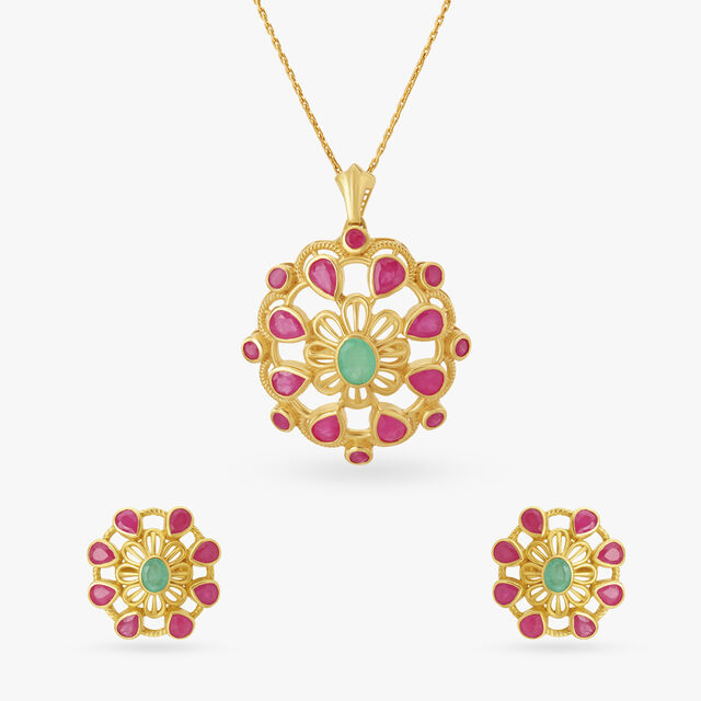 Enchanted Floral Radiant Emerald and Ruby Pendant and Earrings Set,,hi-res image number null
