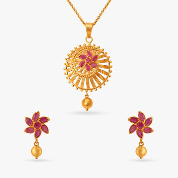 Graceful Spiral Ruby Pendant with Chain and Earrings Set