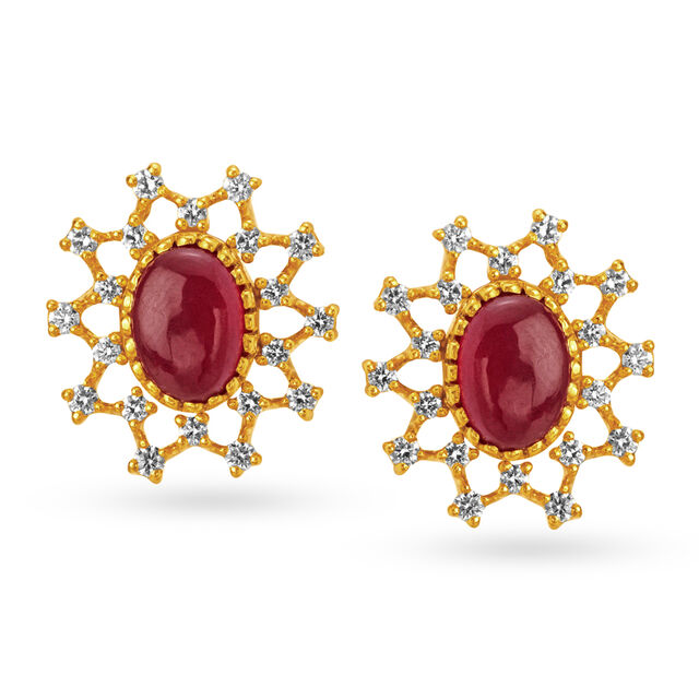 Intriguing 18 Karat Yellow Gold And Diamond Artsy Flower Stud Earrings,,hi-res image number null