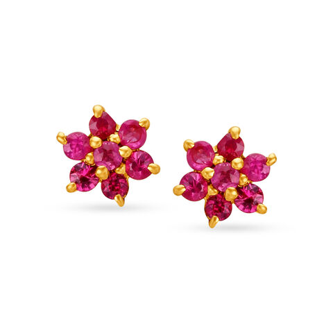 Appealing 18 Karat Yellow Gold Ruby-Embellished Petals Stud Earrings