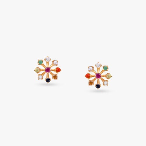 Stellar Navaratna Diamond Stud Earrings