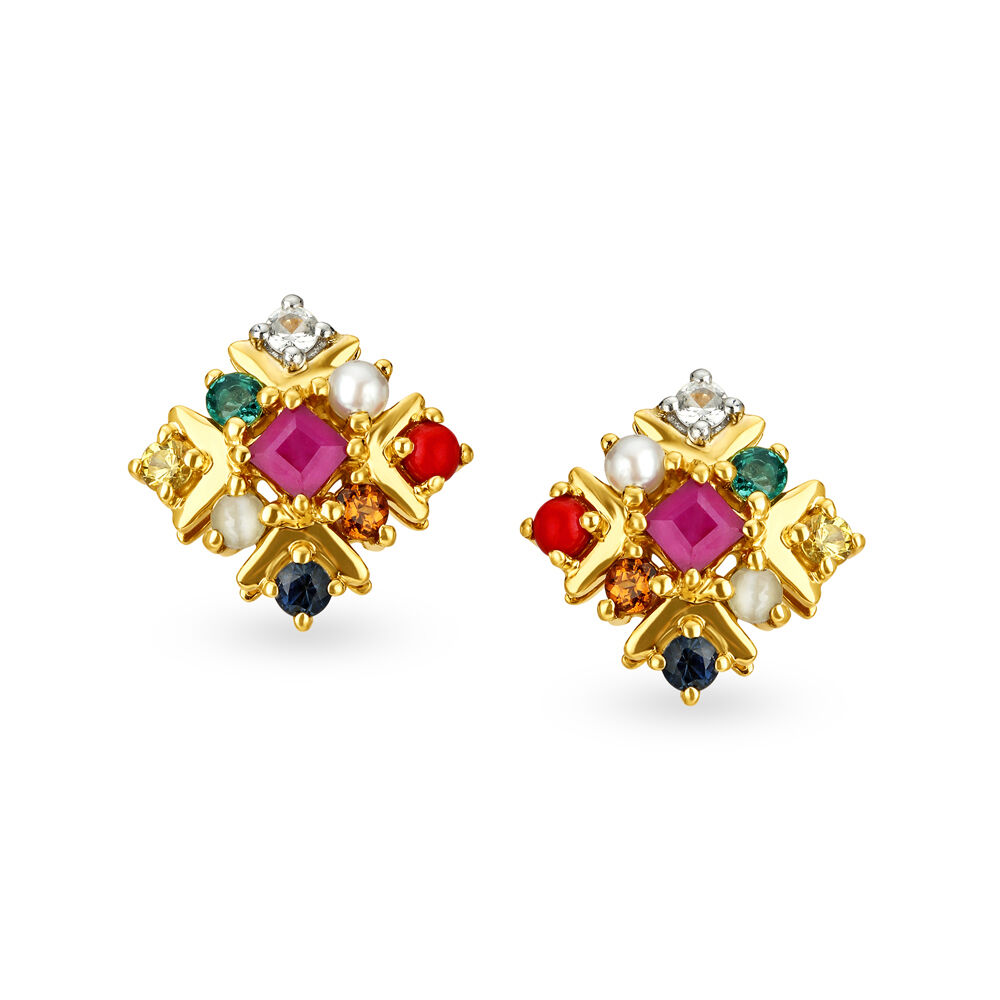 Emerald Pearl Ruby Sapphire Gold Stud Earrings