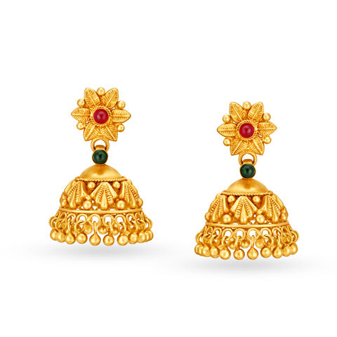 Traditional 22 Karat Yellow Gold Floral Jhumkas