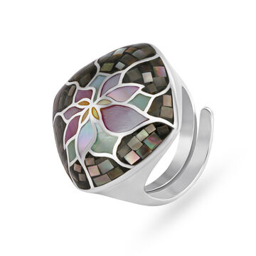 Silver Ring For Women In Floral Design Embellished With Multi-Coloured Mother Of Pearls