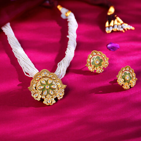 Enamel Etched Gold Pendant and Earrings Set