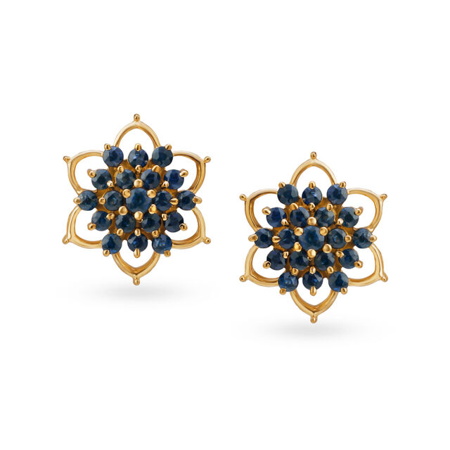 Alluring 18 Karat Gold And Sapphire Floral Stud Earrings,,hi-res image number null
