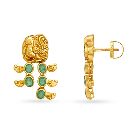Peacock Motif Emerald Gold Drop Earrings