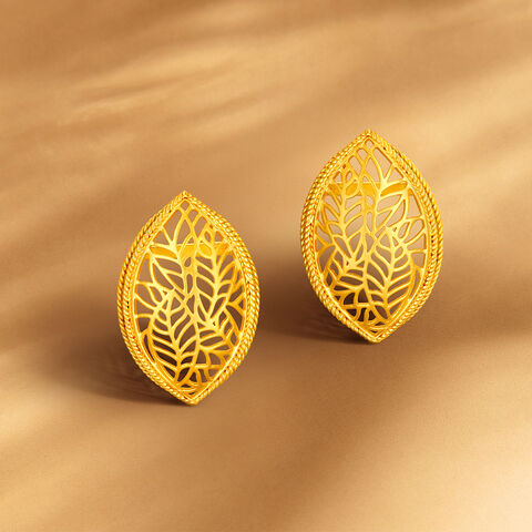 Contemporary Leaf Shaped Jali Work Gold Stud Earrings