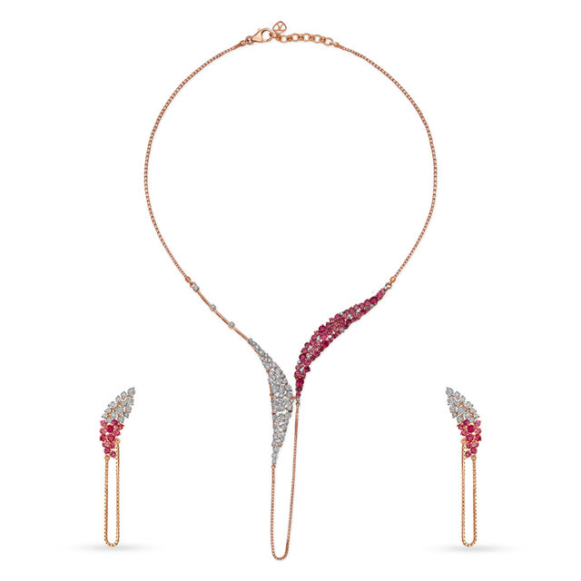 Stylish Diamond and Ruby Necklace Earrings Set in Rose Gold,,hi-res image number null