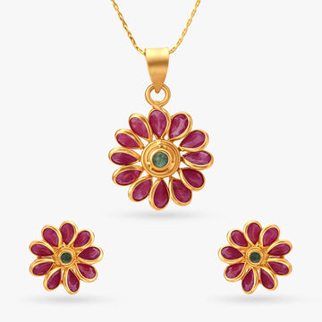 Subtle Floral Emerald and Ruby Pendant and Earrings Set