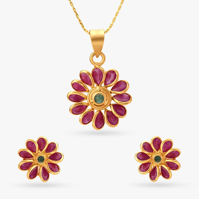 Subtle Floral Emerald and Ruby Pendant and Earrings Set,,hi-res image number null