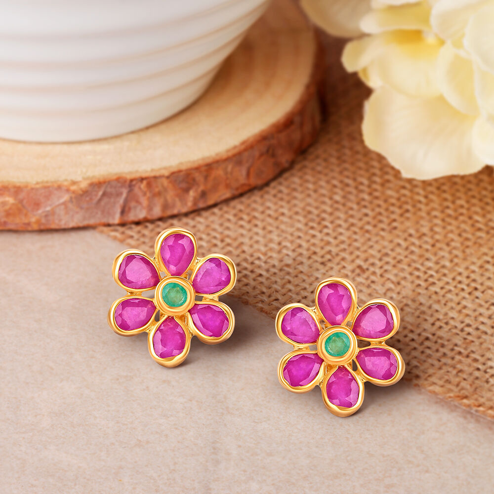 Vibrant Floral Emerald and Ruby Gold Stud Earrings