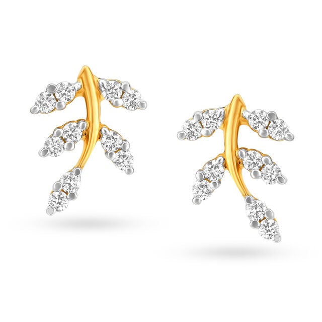 Artistic Leaf Pattern Diamond and Gold Stud Earrings,,hi-res image number null