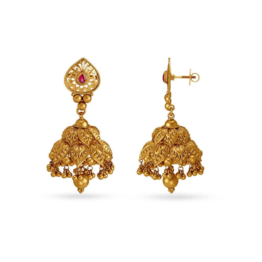 Gold Jhumka Earrings With Beads And Leave Motif