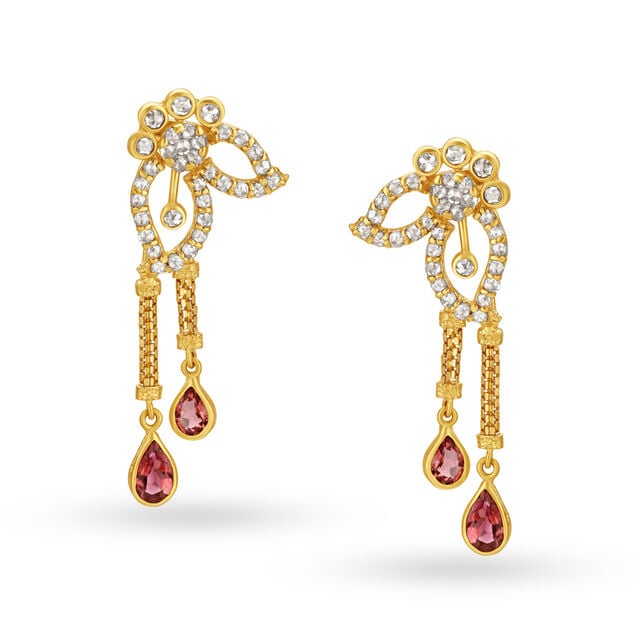 Floral And Leaf Motif Gold Drop Earrings,,hi-res image number null