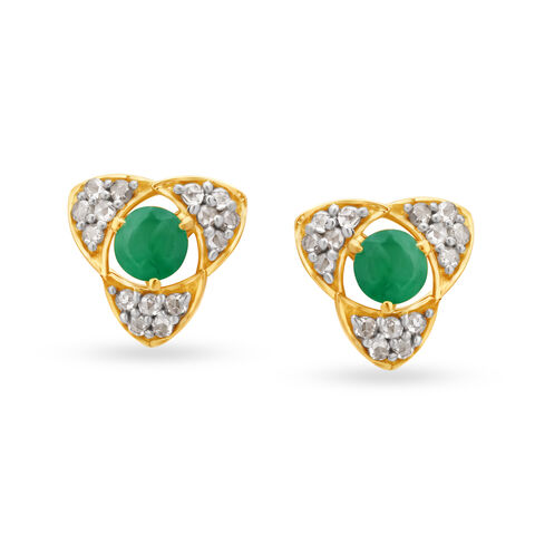 Arresting 18 Karat Yellow Gold And Emerald Triangular Studs