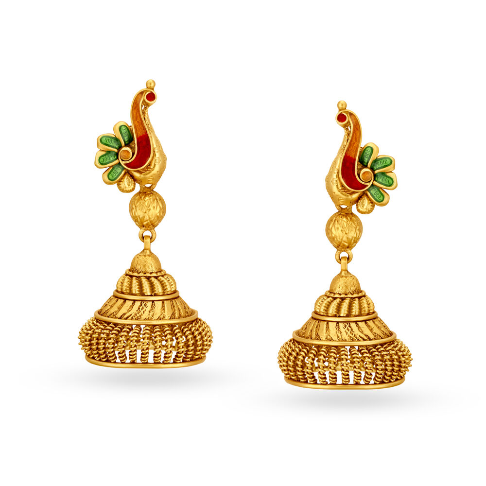 Regal 22 Karat Yellow Gold Peacock Jhumkas