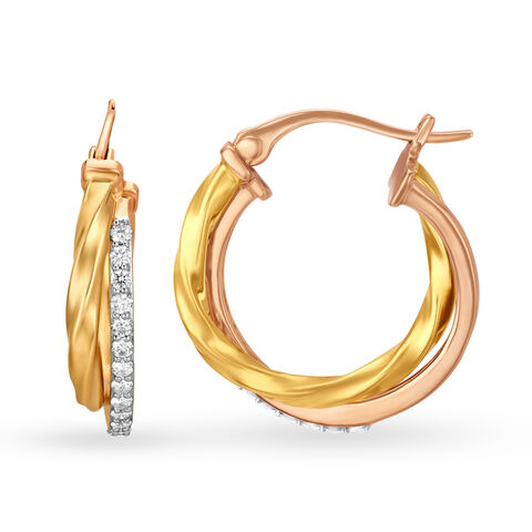 Stylish 18 Karat Yellow And Rose Gold And Diamond Twined Hoops