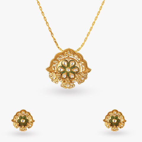 Enamel Etched Gold Pendant and Earrings Set