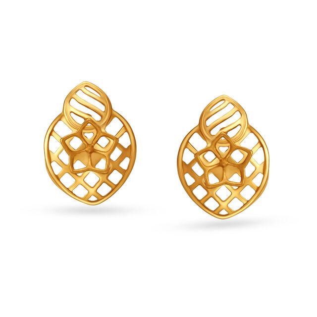 Floral Motif Gold Stud Earrings With Jali Work,,hi-res image number null