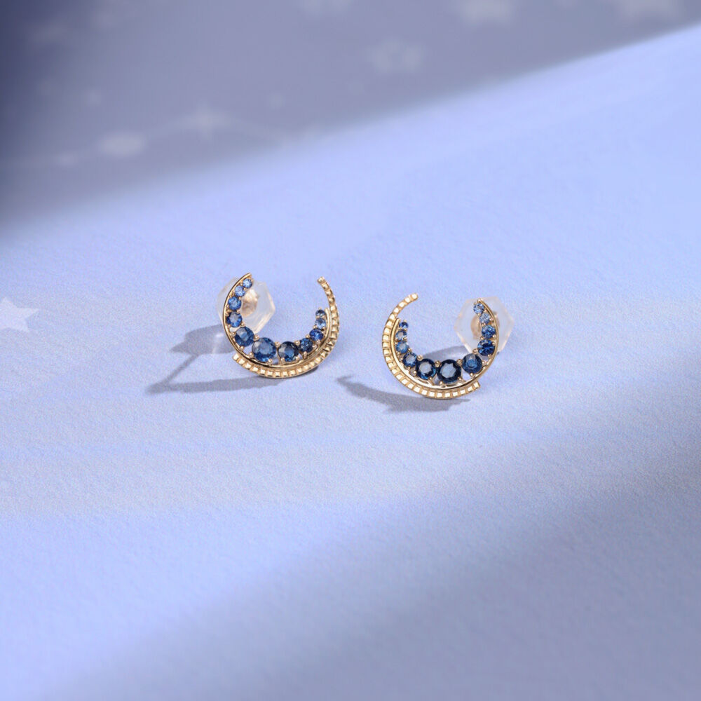 Blue Sapphire Moon 14KT Stud Earring