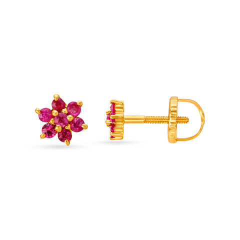 Appealing 18 Karat Yellow Gold Ruby-Embellished Petals Stud Earrings
