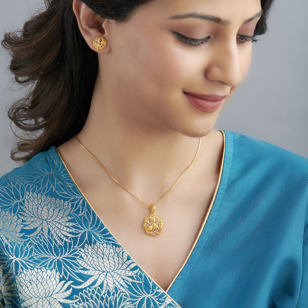 Gold Plated Long And Choker Necklace & Earrings Laxmi Design Pendant ( –  Digital Dress Room