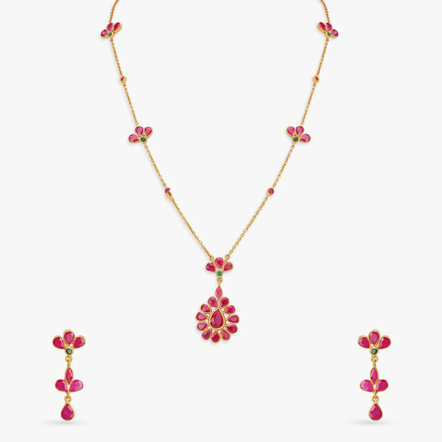 Resplendent Petals Ruby Floral Pendant with Chain and Earrings Set,,hi-res image number null
