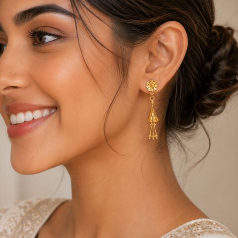 Modish 22 Karat Yellow Gold Floral Drop Earrings