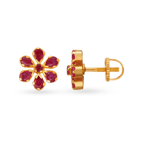 Floral 22 Karat Gold And Ruby Stud Earrings