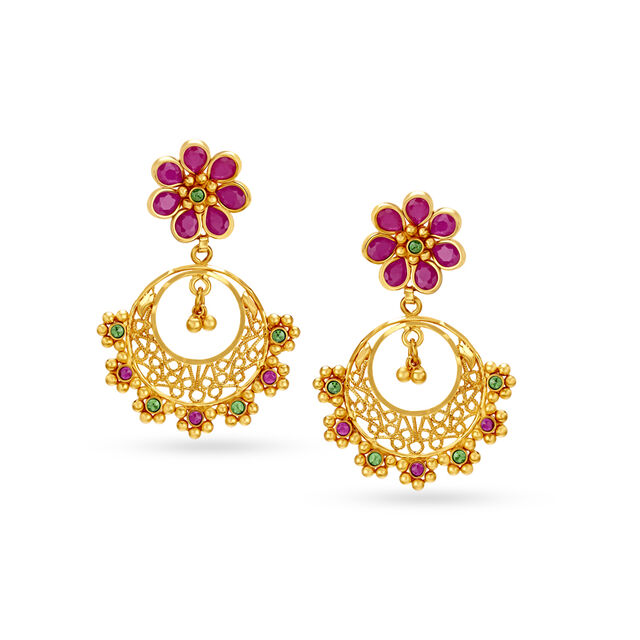 Traditional Floral Motif Gold Drop Earrings,,hi-res image number null