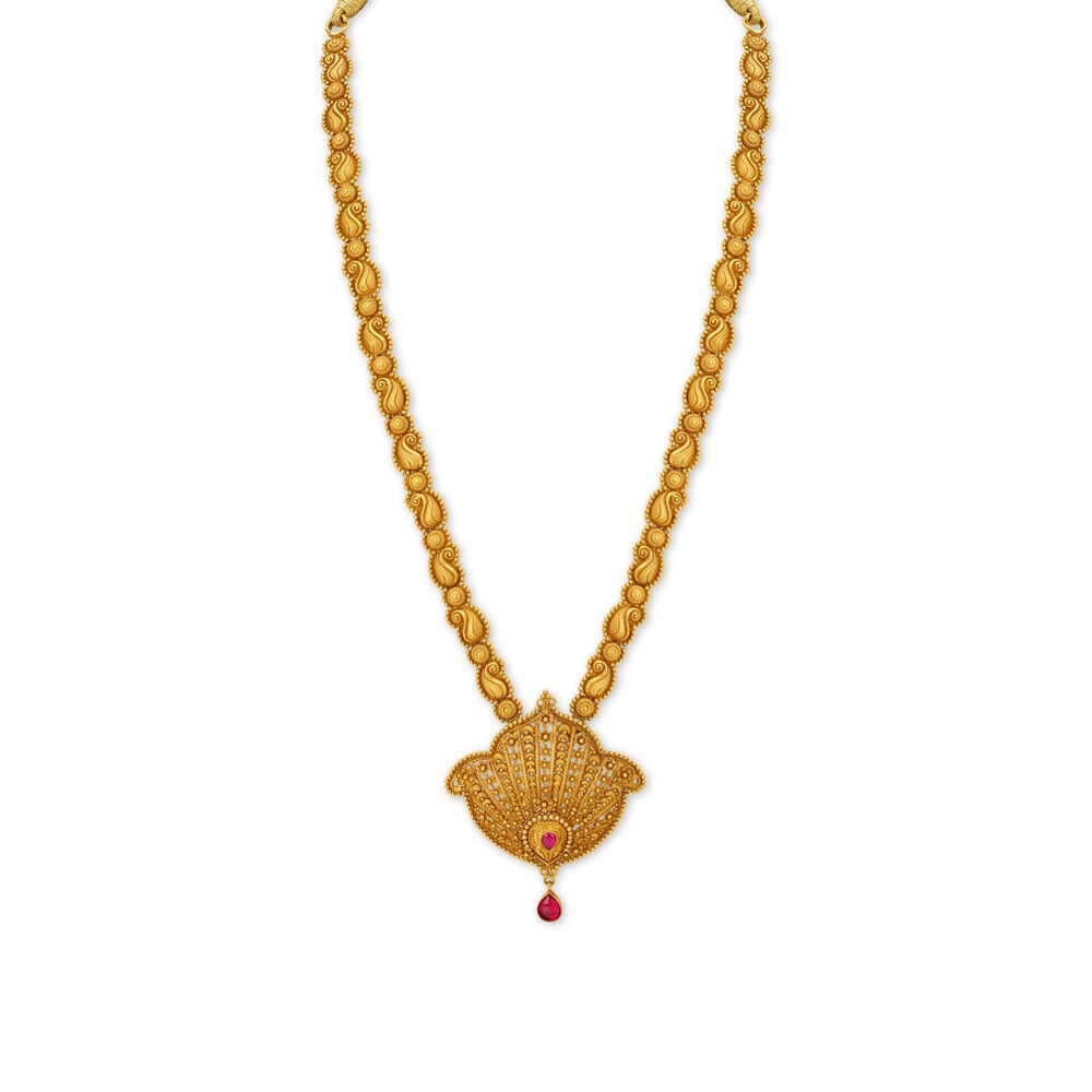 Leaf Motif Rawa Work Gold Necklace Set with Haram