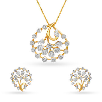 Lush Floral Motif Diamond Pendant and Earrings Set