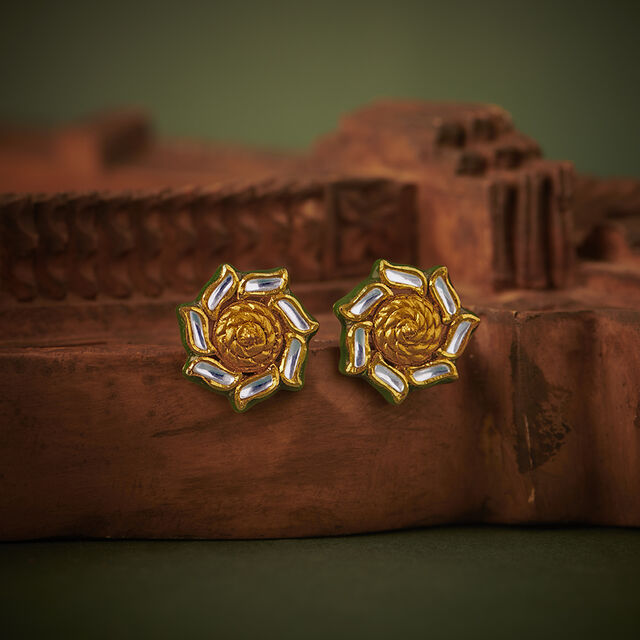 Subtle Floral Gold Stud Earrings with Stones,,hi-res image number null