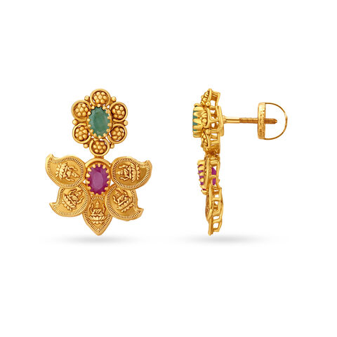 Emerald And Ruby Lakshmi Motif Gold Drop Earrings